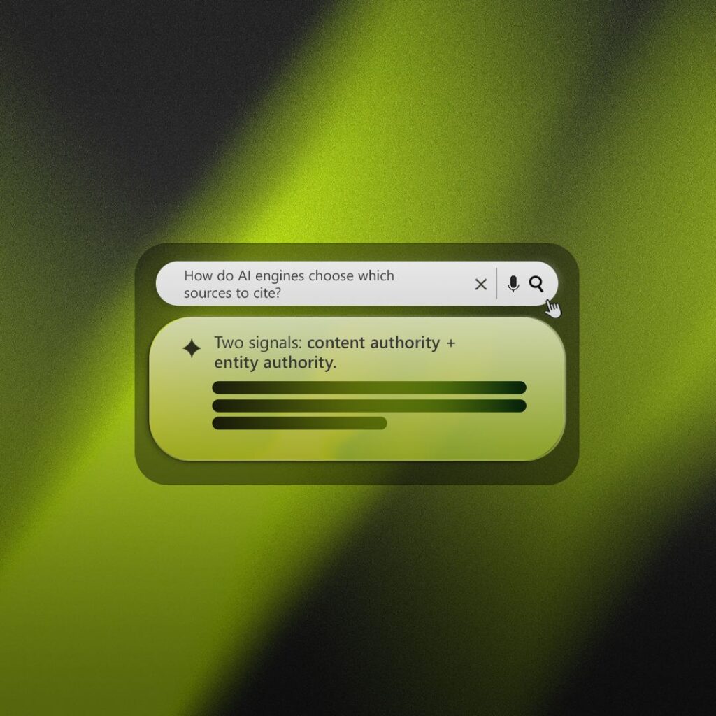 AI search bar asking how AI engines choose which sources to cite, with an AI answer naming content authority and entity authority